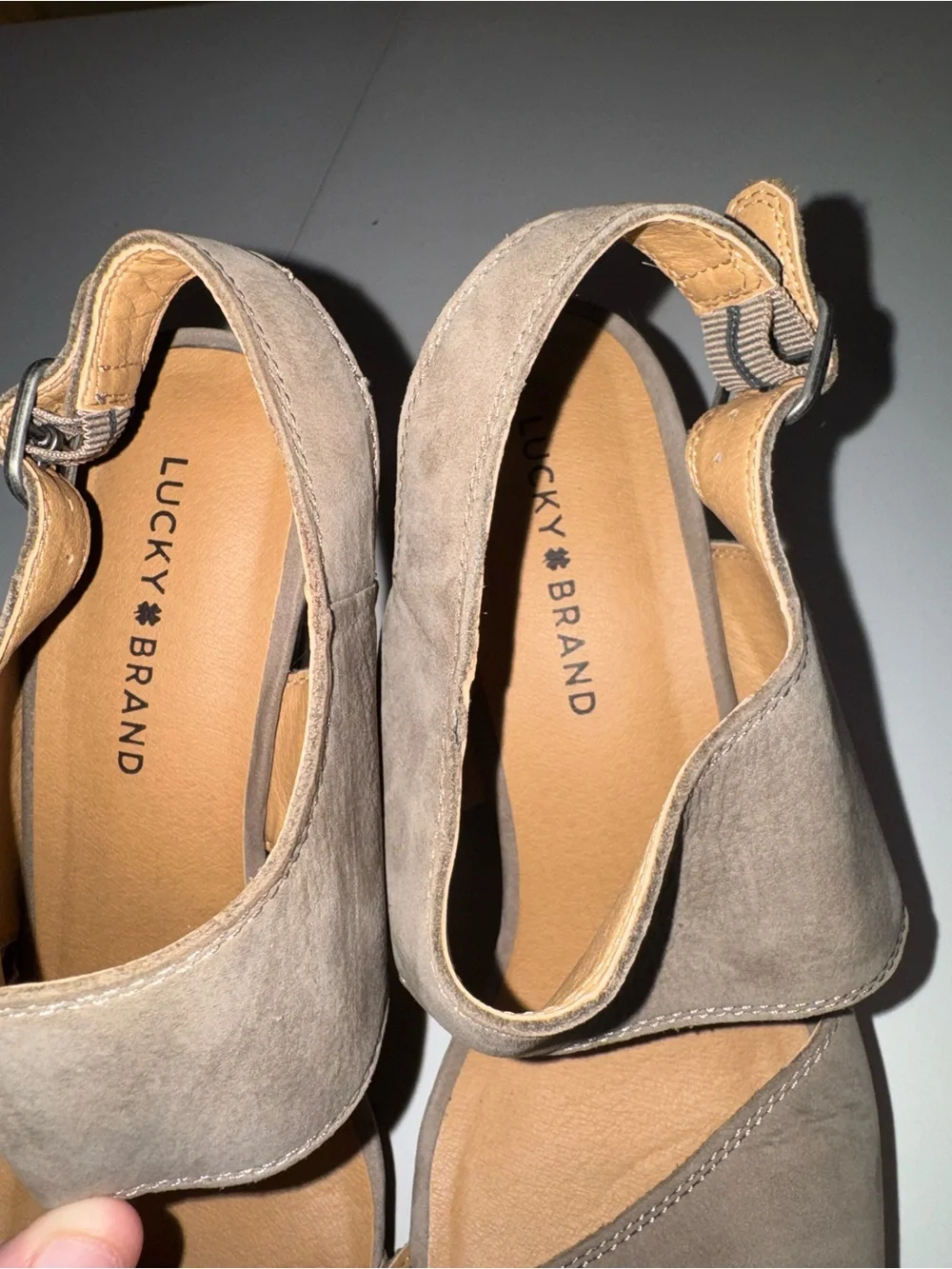 Lucky Brand Taupe Suede Wedge Sandals with Wooden Platform